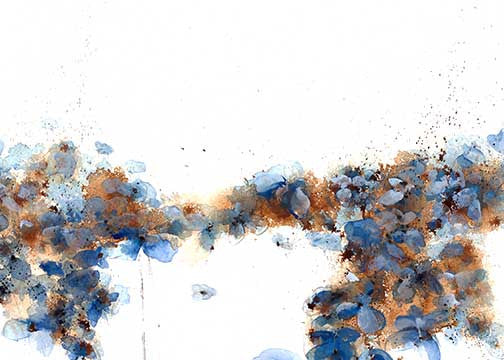 Delicate abstract painting with blue and copper tones evoking floral clusters in motion