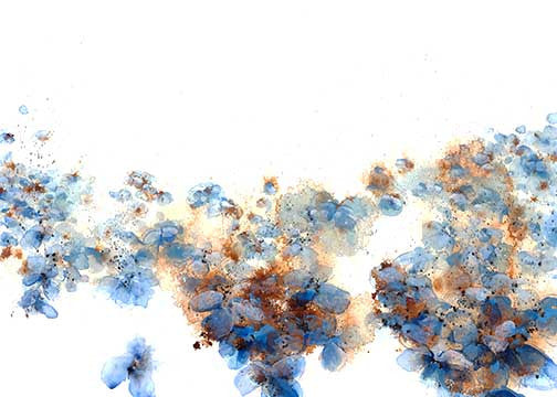 Lush abstract painting with soft blue floral forms and warm copper accents
