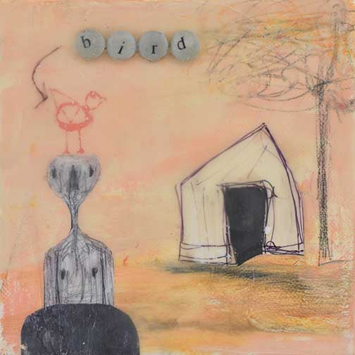 Whimsical mixed-media artwork with childlike drawings, warm pastels, and vintage typewriter keys spelling “bird”