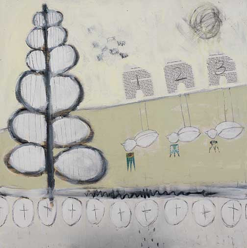 Whimsical mixed-media bird painting with stylized birds on swings in a neutral palette