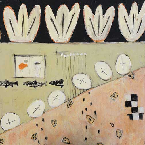 Playful mixed-media floral artwork with abstract flowers, floating eggs, and pastel tones