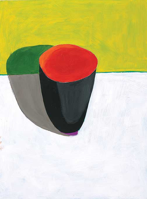 Black and red minimalist painting with dramatic shadows on lime green and white background