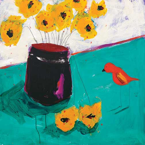 Yellow flower painting with black vase, teal background, and whimsical red bird