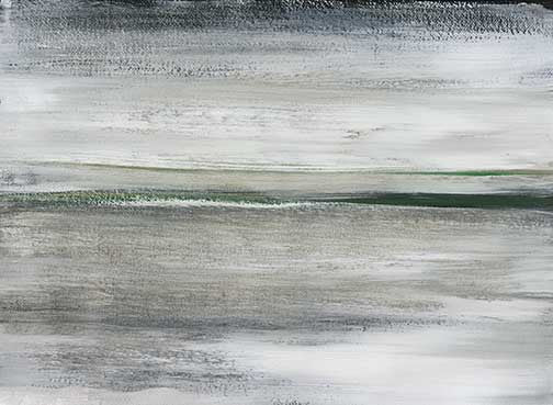 Minimalist abstract landscape painting in soft grey, sage, and white layers