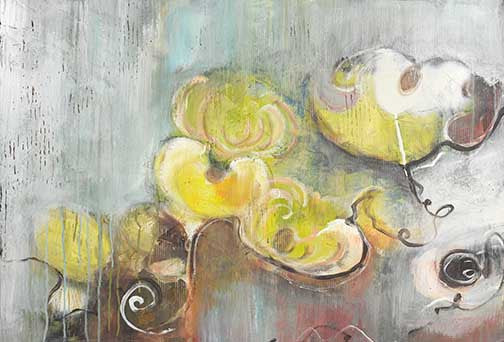 Lush abstract floral painting with yellow, green, and pink forms on a textured grey-blue background
