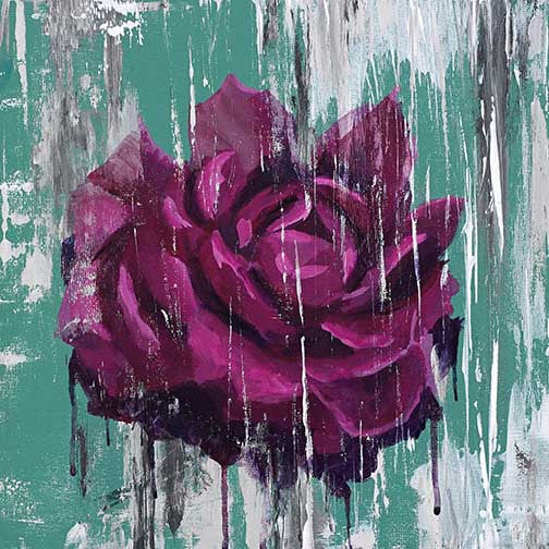 Vibrant contemporary floral painting with bold magenta rose, paint drips, and textured teal-grey background