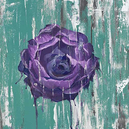 Striking floral artwork featuring textured violet rose with bold drips on distressed teal-white background
