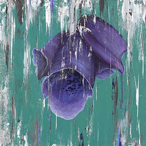 Expressive floral painting featuring moody violet blossom on distressed teal-white background with bold textures