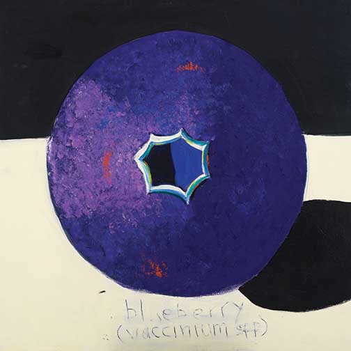 Playful still life painting featuring vibrant blueberry in rich purples and blues with bold black-and-white pop-art background