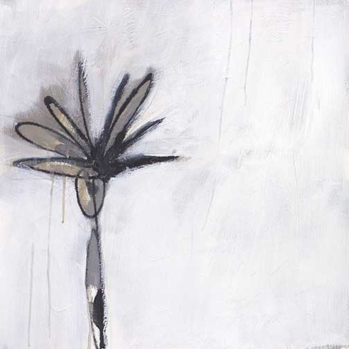 Minimalist floral abstraction in soft neutrals with bold black outline on white, merging raw brushwork with serene botanical elegance