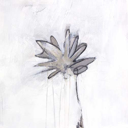 Delicate monochromatic floral artwork with soft brushstrokes, muted tones, and gentle drips, creating a serene and sophisticated composition