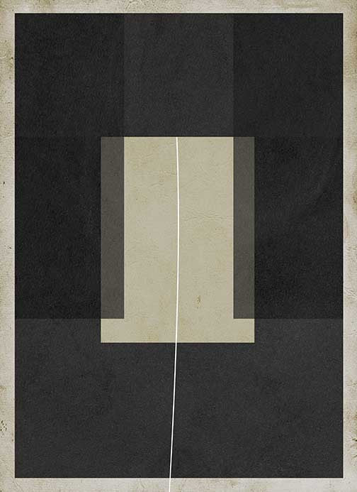 Geometric abstract artwork with overlapping taupe and charcoal rectangles, bisected by a thin white line, creating stillness and quiet complexity