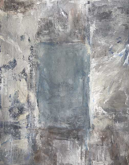 Minimal abstract artwork in soft greys and blues with muted textures, creating an ethereal, layered, and contemplative atmosphere