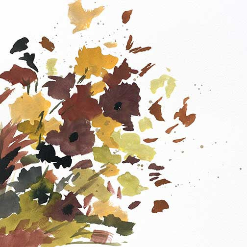 Burgeon I abstract floral watercolor with earthy reds, golds, and greens spilling loosely across white space in an organic, radiant style
