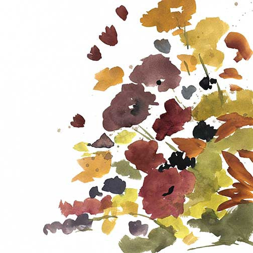 Burgeon II abstract floral watercolor with autumnal reds, ochres, and olive greens drifting across white space in a loose, organic bloom