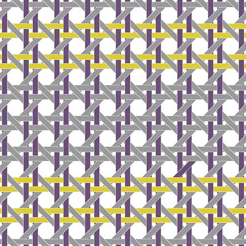 Caning III abstract artwork with interlaced violet, mustard, and grey lines transforming a classic weave into a bold geometric abstraction