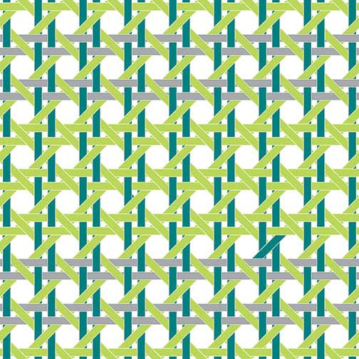Caning IV abstract artwork with interwoven lime green, teal, and soft grey lines forming a crisp, modern, and vibrant geometric abstraction