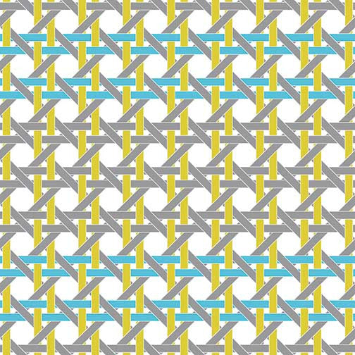 Caning V abstract artwork with interwoven mustard yellow, sky blue, and steel grey lines forming a clean, modern geometric abstraction