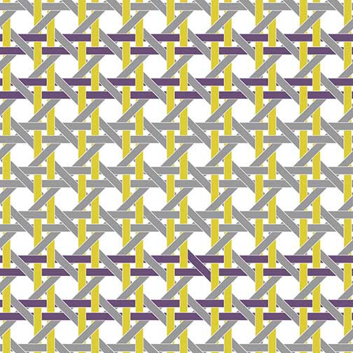 Caning VII artwork with interwoven violet, mustard, and grey lines forming a crisp geometric grid with a contemporary edge