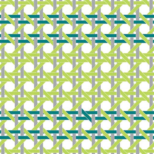 Caning VIII artwork with lime green, teal, and cool grey lines forming a clean, contemporary geometric weave pattern