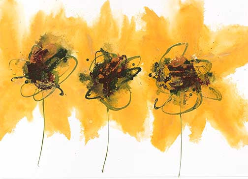 Capitula Burst I abstract floral with three bold yellow blooms, green and crimson ink centers, radiating energy and joyful spontaneity