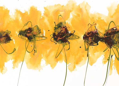 Capitula Burst II abstract florals with sunlit yellow petals, tangled greens, and moody reds in a vibrant, expressive composition