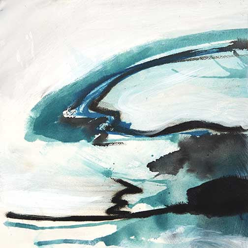 Cerulean Dreams I abstract painting with sweeping teal, white, and black gestures, evoking sky, sea, and subconscious fluid motion.