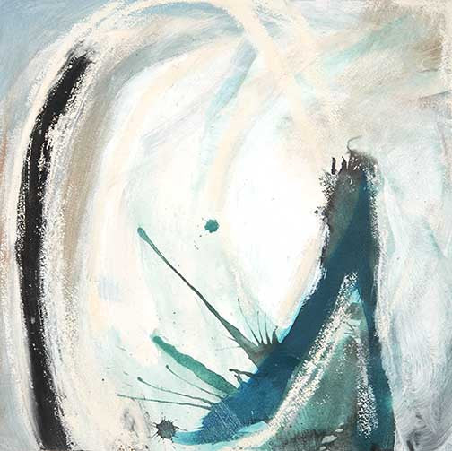 Cerulean Dreams II abstract painting with swirling teal, black, and ivory forms, evoking atmosphere, fluid motion, and meditative calm.