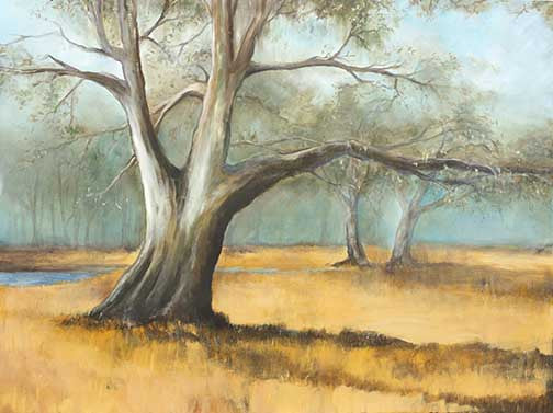 Charleston Southern landscape painting with golden fields, misty sky, and majestic trees, capturing serene elegance and natural beauty.