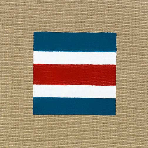 Charlie maritime abstract painting with bold bands of blue, red, and white on raw canvas, clean graphic design with nautical modern edge.