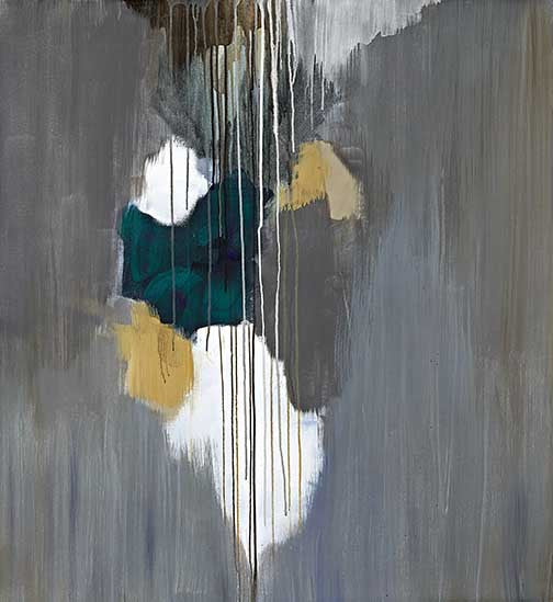 Moody abstract painting with emerald, ochre, and white shapes layered through charcoal-gray drips, creating an atmospheric and enigmatic composition.