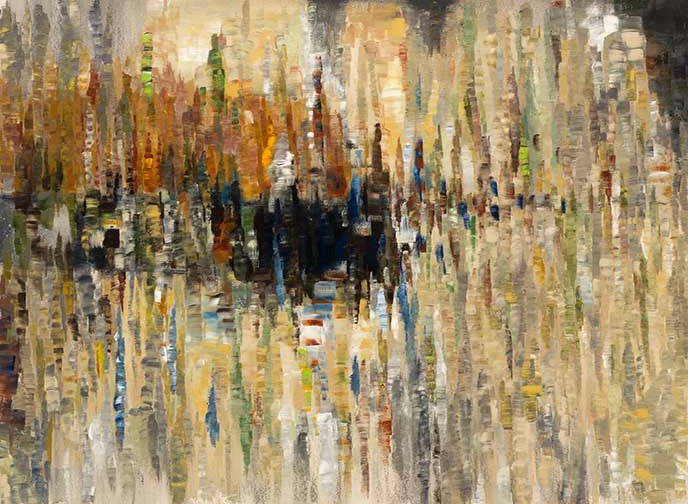 Chroma Wave II abstract painting with cascading vertical strokes in earthy neutrals, cool blues, and golden hues, evoking organic rhythm and tonal depth.