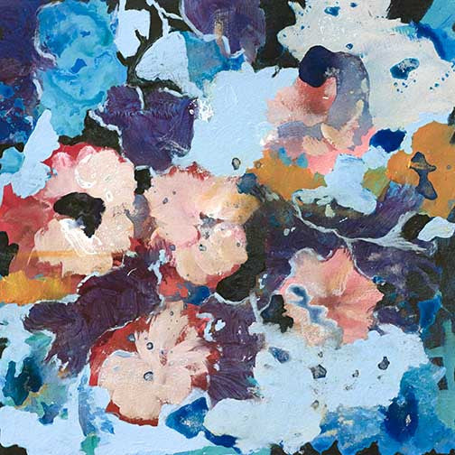 Chromatic Cluster I abstract floral painting with painterly blooms in rich blues, soft pinks, and earthy tones, layered with bold, expressive energy.