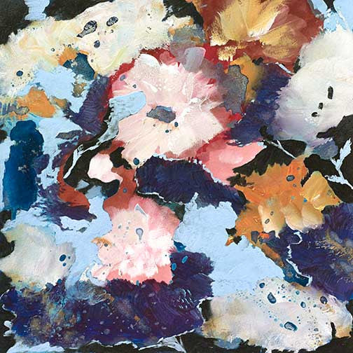 Chromatic Cluster II floral art with layered pastels and jewel tones forming a bold, painterly abstract floral composition.