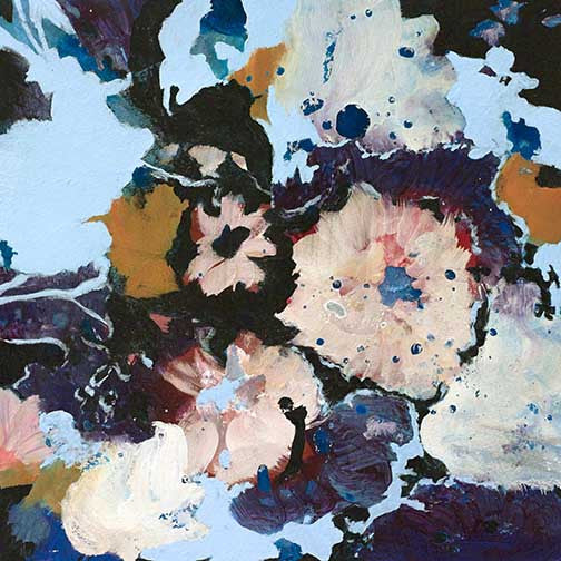 Chromatic Cluster III abstract floral painting with inky blues, creamy whites, and warm blush tones in a textured, expressive bouquet.