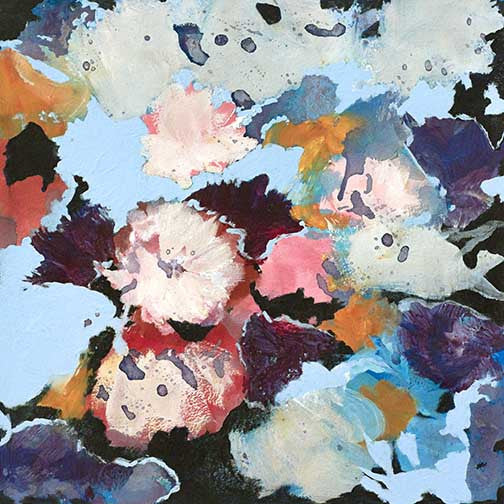 Chromatic Cluster IV expressive abstract floral artwork with coral pinks, deep purples, and pale blues creating a lush, dynamic bloom.