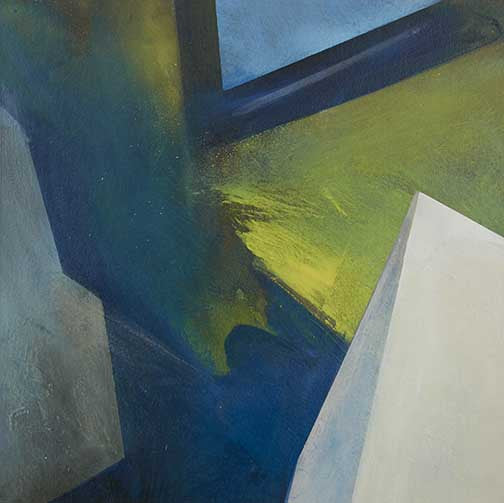 Chromatope architectural abstract painting with angular planes and moody gradients of blue, green, and gold, blending spatial form with atmosphere.