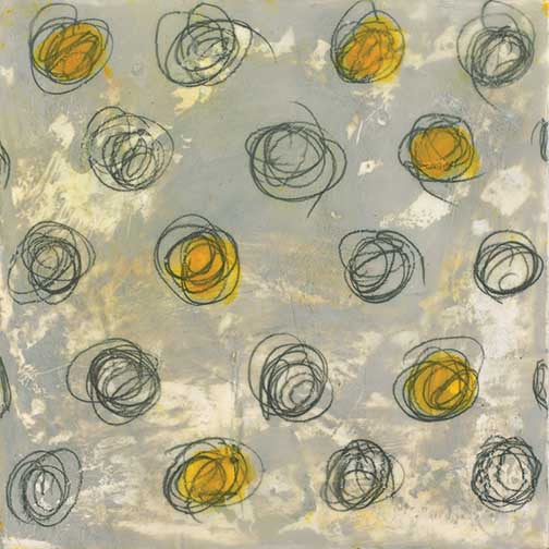 Circular Motion abstract art with scribbled black loops orbiting glowing yellow centers on a soft gray background, playful and balanced in design.