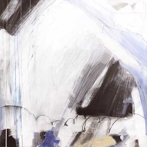 Clouded Elements I abstract painting with bold monochrome strokes accented by lavender and muted blue, evoking stormy texture and atmosphere.