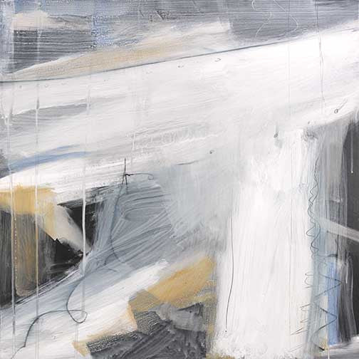 Clouded Elements II abstract painting with sweeping whites, graphite greys, and ochre, evoking stormy texture, movement, stillness, and harmony.