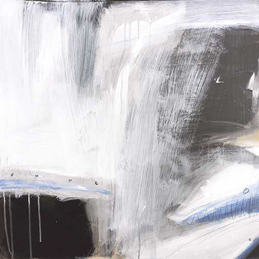 Clouded Elements III contemporary abstract storm painting with sweeping white strokes, graphite greys, and blue accents, evoking motion and mood.