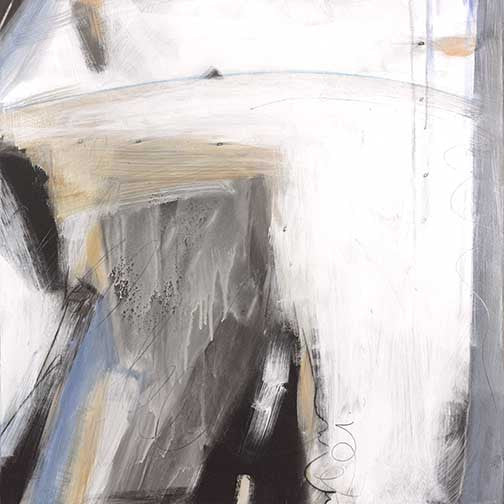 Clouded Elements IV atmospheric abstract expressionist art with bold white space, charcoal shadows, muted blues, and ochres in dynamic balance.