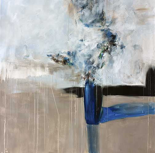 Coaxing the Bloom II modern abstract floral painting with smoky whites, deep blues, earthy neutrals, and subtle drips creating serene elegance.