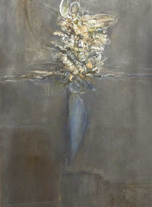 Coaxing the Bloom subtle abstract floral painting with ethereal petals in muted greys, creams, and soft golds emerging from a shadowy vase.
