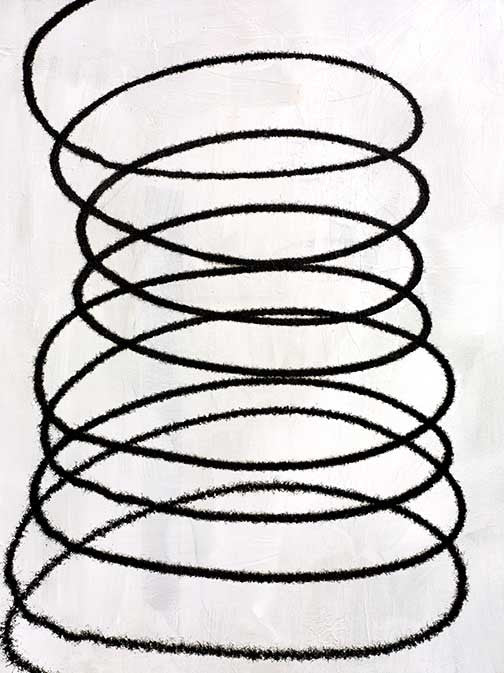 Coil Study minimalist abstract ink drawing with a continuous black spiral on white, evoking rhythm, motion, balance, and tension.