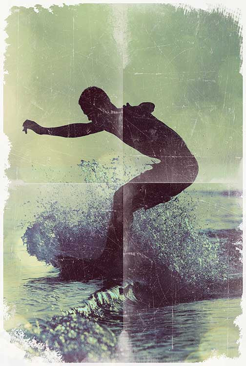 Vintage surf photo art featuring a silhouetted surfer mid-motion with textured sea spray, evoking raw energy and coastal nostalgia.
