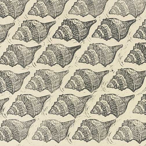 Conch shell pattern artwork in vintage etching style with coastal charm, blending rhythmic repetition, texture, and timeless seaside elegance.
