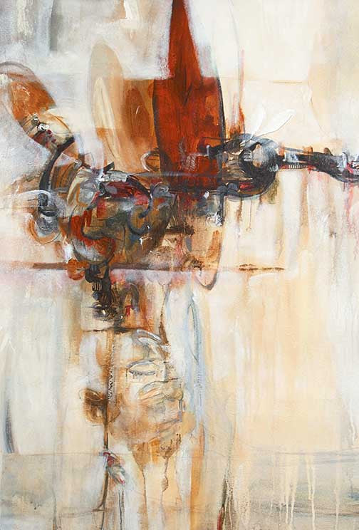 Rust abstract painting with fiery rusts, muted creams, and mechanical forms layered in motion, gritty and emotionally charged.