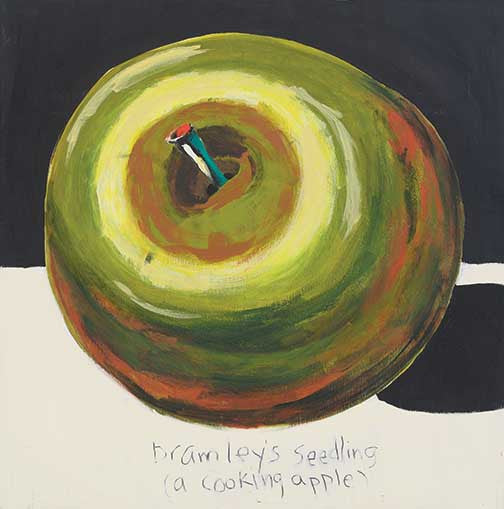 Pop art apple portrait featuring a bold Bramley apple in punchy greens with moody shadows and handwritten details, cheeky and painterly.