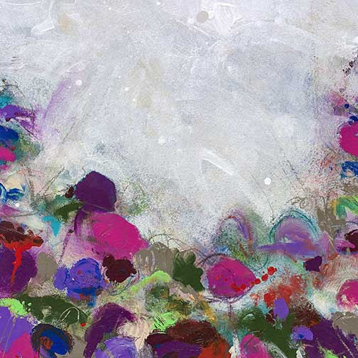 Expressive abstract painting with purples, pinks, and wild greens blooming against a misty backdrop, lush and playful in style.